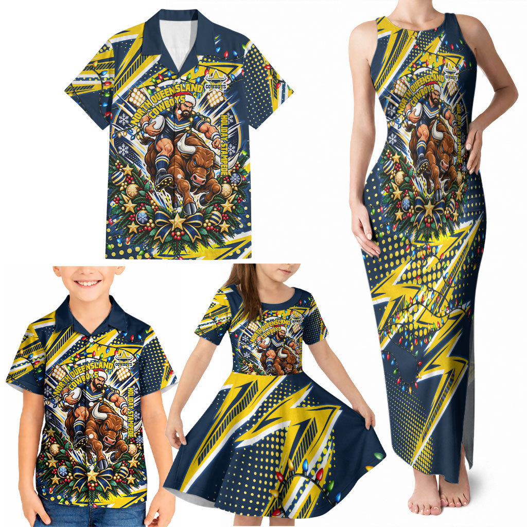Personalized North Queensland Cowboys Rugby Christmas Family Matching Tank Maxi Dress and Hawaiian Shirt Holiday Mascot Graphic Art Festive Lights Bow