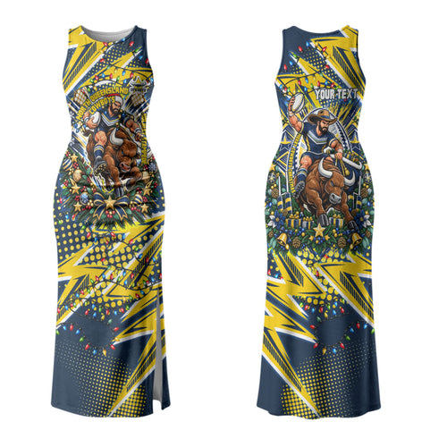 Personalized North Queensland Cowboys Rugby Christmas Family Matching Tank Maxi Dress and Hawaiian Shirt Holiday Mascot Graphic Art Festive Lights Bow