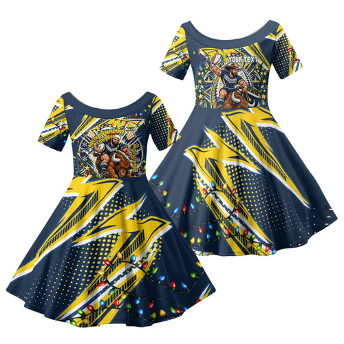 Personalized North Queensland Cowboys Rugby Christmas Family Matching Tank Maxi Dress and Hawaiian Shirt Holiday Mascot Graphic Art Festive Lights Bow