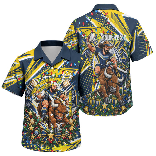 Personalized North Queensland Cowboys Rugby Christmas Family Matching Tank Maxi Dress and Hawaiian Shirt Holiday Mascot Graphic Art Festive Lights Bow