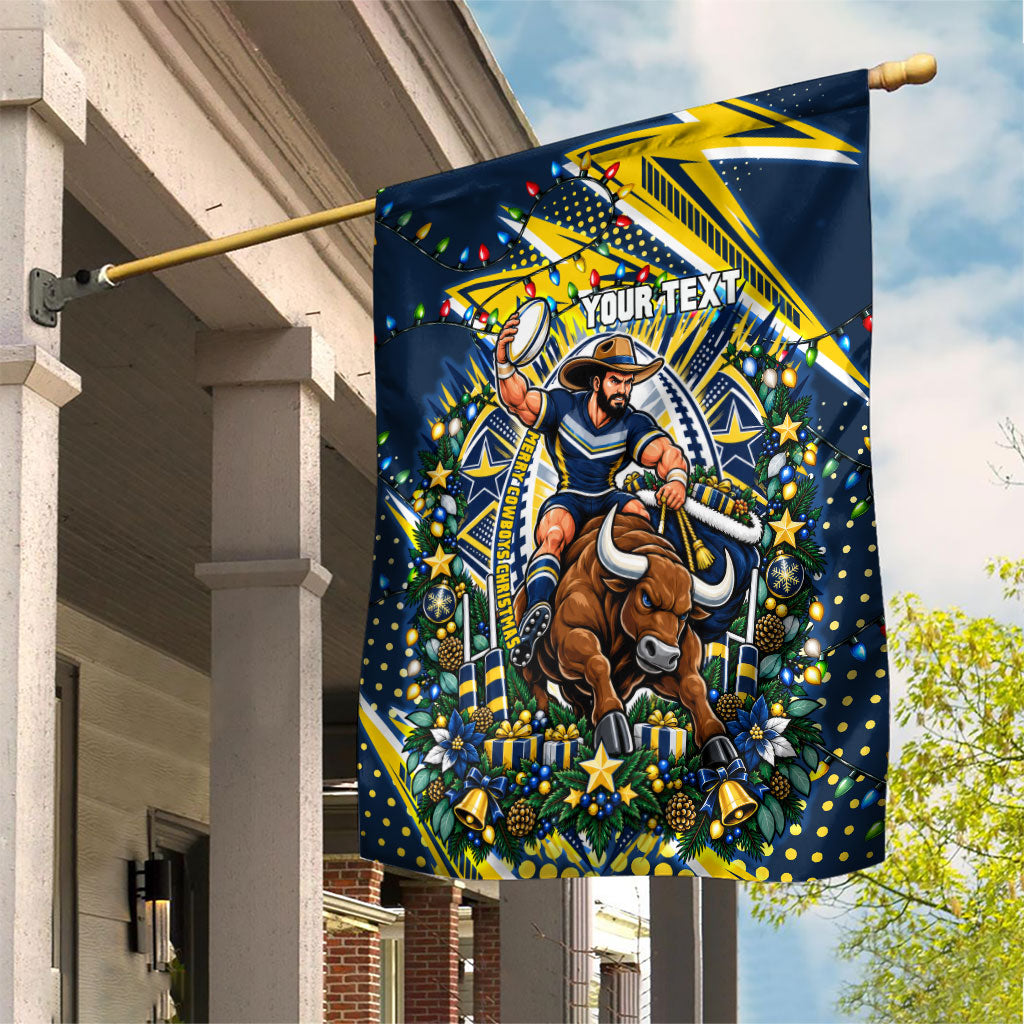 Personalized North Queensland Cowboys Rugby Christmas Garden Flag Holiday Mascot Graphic Art Festive Lights Bow