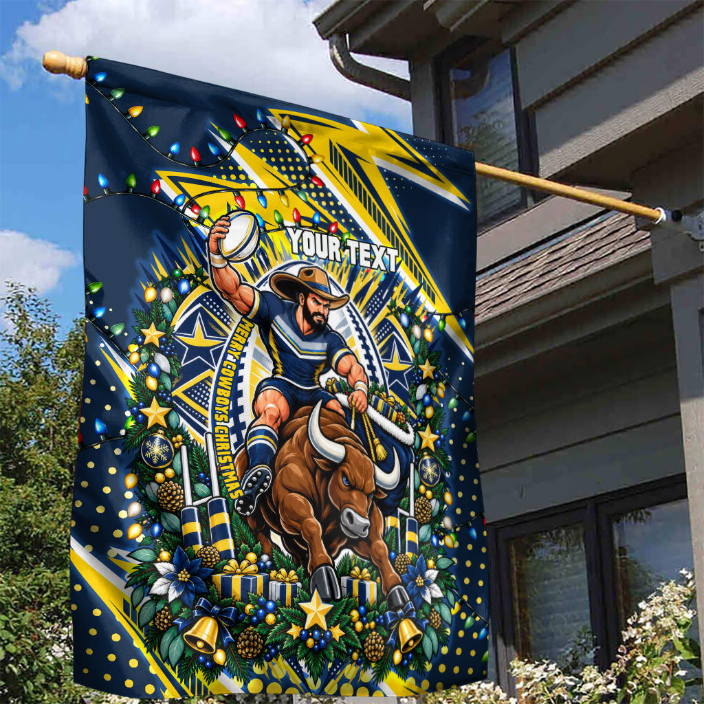 Personalized North Queensland Cowboys Rugby Christmas Garden Flag Holiday Mascot Graphic Art Festive Lights Bow