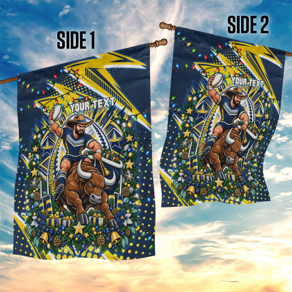 Personalized North Queensland Cowboys Rugby Christmas Garden Flag Holiday Mascot Graphic Art Festive Lights Bow