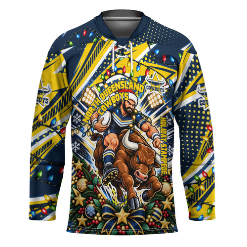 Personalized North Queensland Cowboys Rugby Christmas Hockey Jersey Holiday Mascot Graphic Art Festive Lights Bow