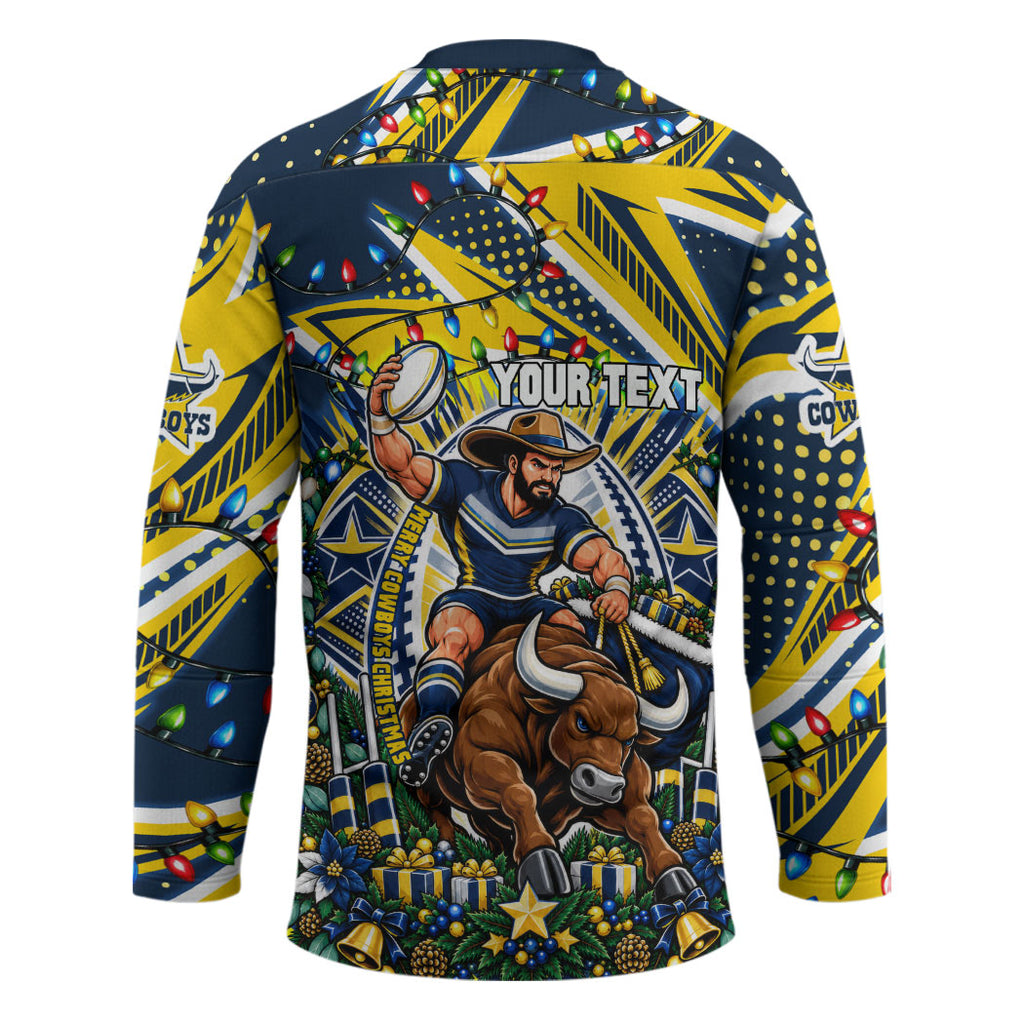 Personalized North Queensland Cowboys Rugby Christmas Hockey Jersey Holiday Mascot Graphic Art Festive Lights Bow