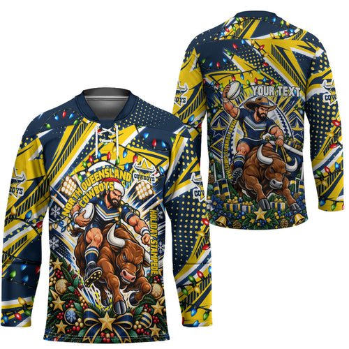 Personalized North Queensland Cowboys Rugby Christmas Hockey Jersey Holiday Mascot Graphic Art Festive Lights Bow