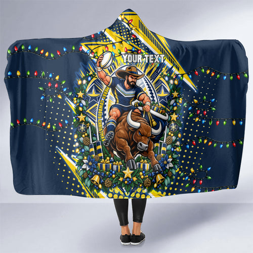 Personalized North Queensland Cowboys Rugby Christmas Hooded Blanket Holiday Mascot Graphic Art Festive Lights Bow
