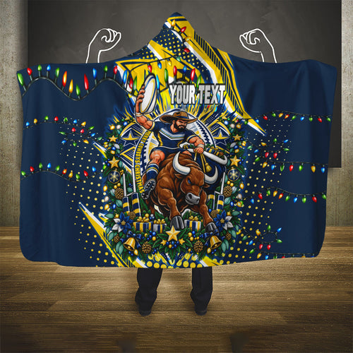 Personalized North Queensland Cowboys Rugby Christmas Hooded Blanket Holiday Mascot Graphic Art Festive Lights Bow