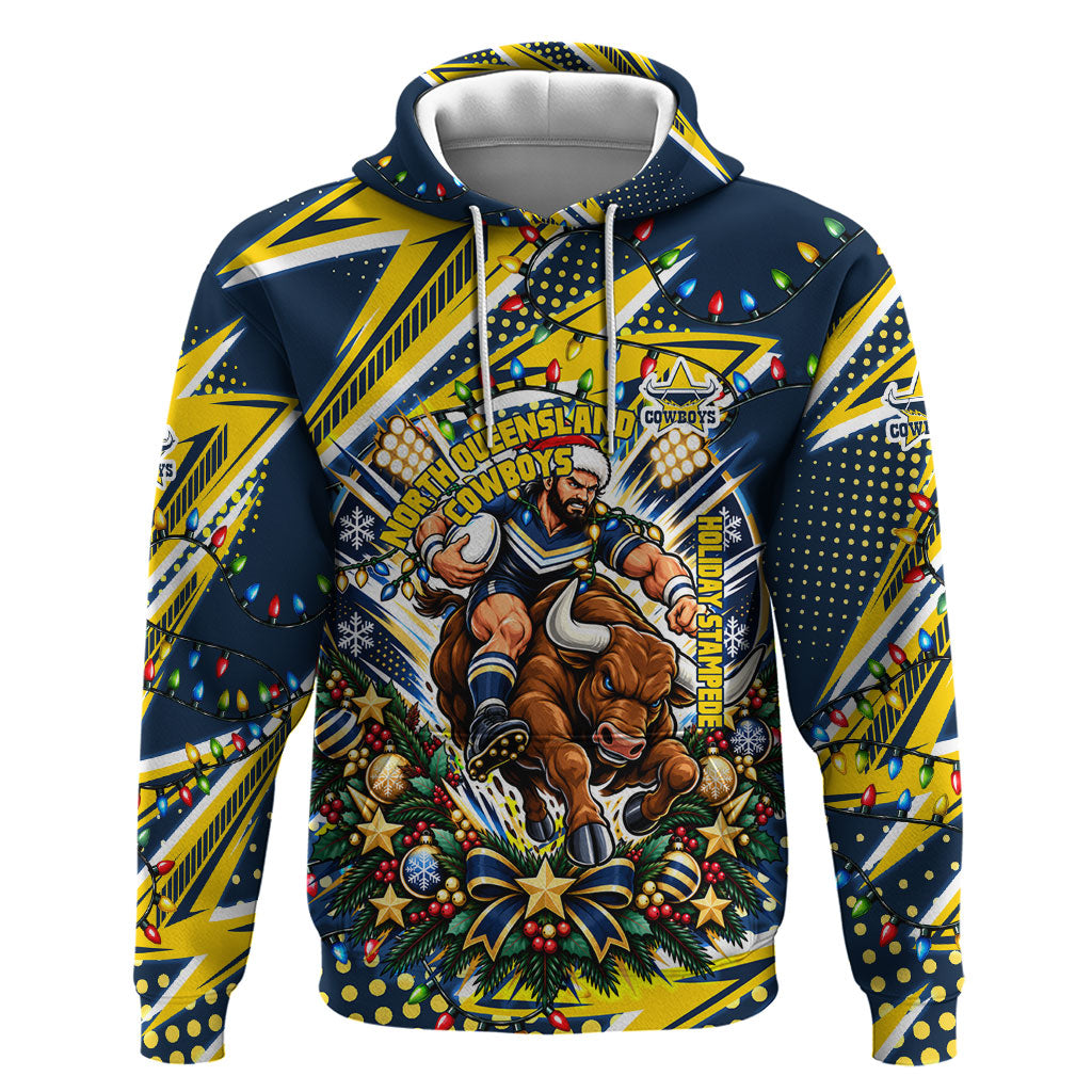 Personalized North Queensland Cowboys Rugby Christmas Hoodie Holiday Mascot Graphic Art Festive Lights Bow