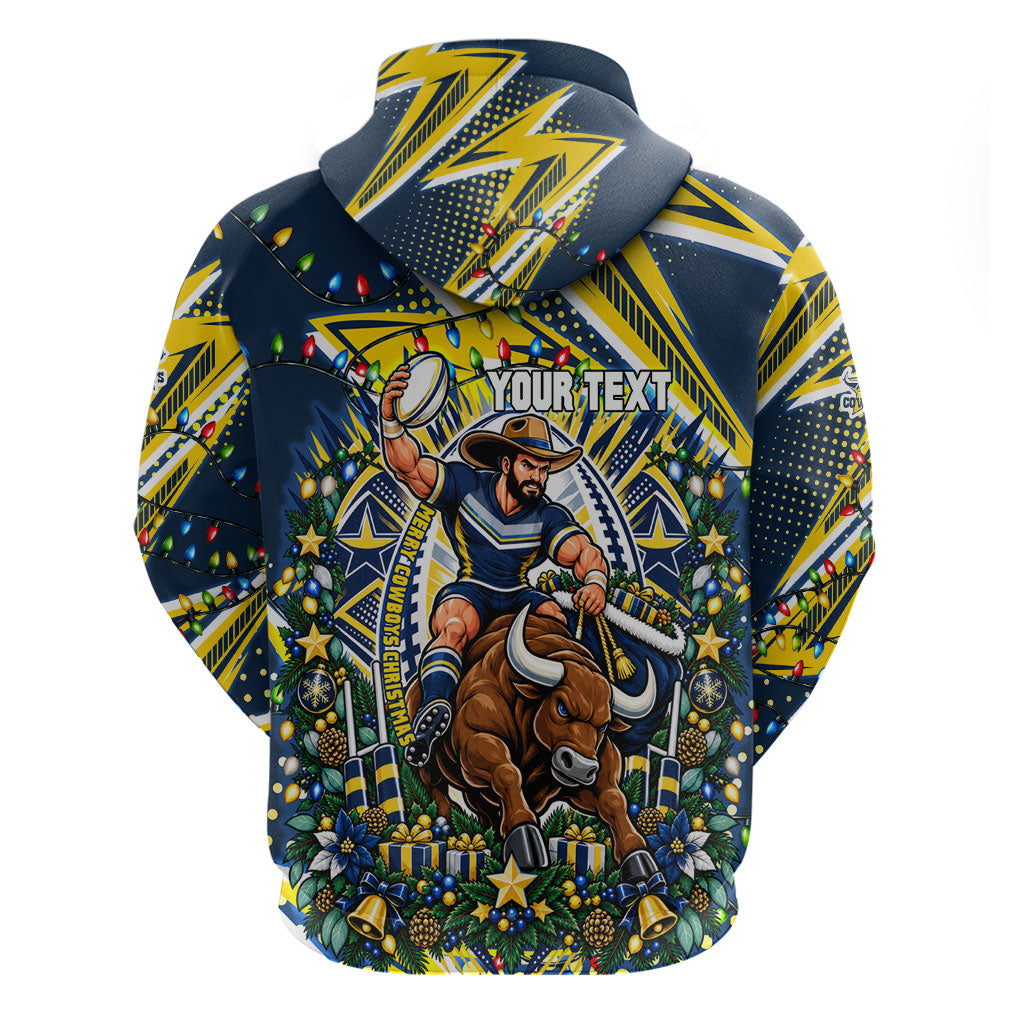 Personalized North Queensland Cowboys Rugby Christmas Hoodie Holiday Mascot Graphic Art Festive Lights Bow