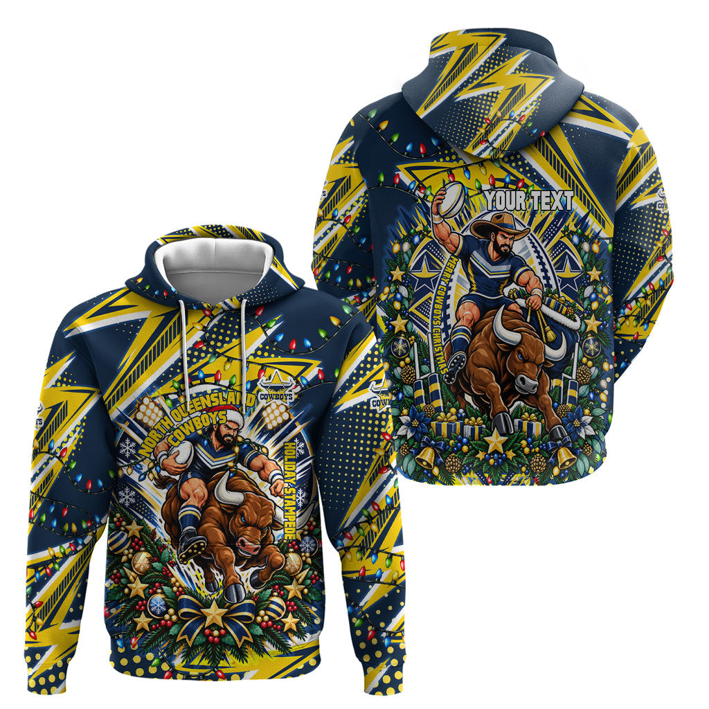 Personalized North Queensland Cowboys Rugby Christmas Hoodie Holiday Mascot Graphic Art Festive Lights Bow