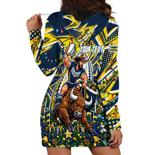 Personalized North Queensland Cowboys Rugby Christmas Hoodie Dress Holiday Mascot Graphic Art Festive Lights Bow