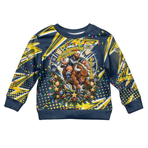 Personalized North Queensland Cowboys Rugby Christmas Kid Ugly Christmas Sweater Holiday Mascot Graphic Art Festive Lights Bow