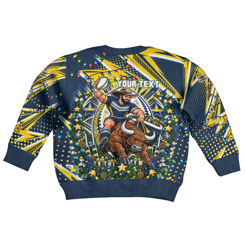 Personalized North Queensland Cowboys Rugby Christmas Kid Ugly Christmas Sweater Holiday Mascot Graphic Art Festive Lights Bow