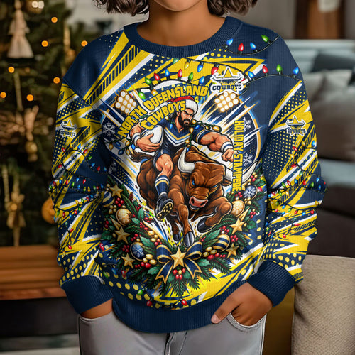 Personalized North Queensland Cowboys Rugby Christmas Kid Ugly Christmas Sweater Holiday Mascot Graphic Art Festive Lights Bow