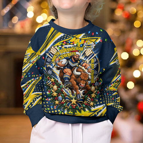 Personalized North Queensland Cowboys Rugby Christmas Kid Ugly Christmas Sweater Holiday Mascot Graphic Art Festive Lights Bow