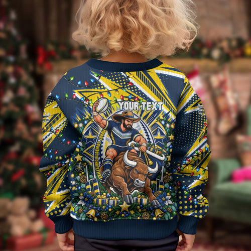 Personalized North Queensland Cowboys Rugby Christmas Kid Ugly Christmas Sweater Holiday Mascot Graphic Art Festive Lights Bow