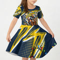 Personalized North Queensland Cowboys Rugby Christmas Kid Short Sleeve Dress Holiday Mascot Graphic Art Festive Lights Bow