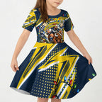 Personalized North Queensland Cowboys Rugby Christmas Kid Short Sleeve Dress Holiday Mascot Graphic Art Festive Lights Bow