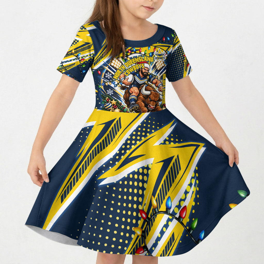 Personalized North Queensland Cowboys Rugby Christmas Kid Short Sleeve Dress Holiday Mascot Graphic Art Festive Lights Bow