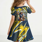 Personalized North Queensland Cowboys Rugby Christmas Kid Short Sleeve Dress Holiday Mascot Graphic Art Festive Lights Bow