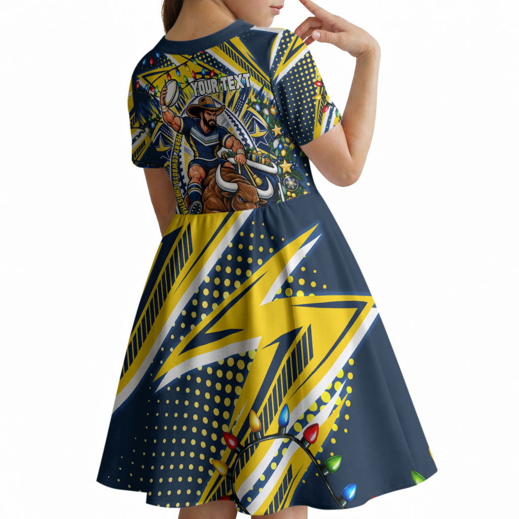 Personalized North Queensland Cowboys Rugby Christmas Kid Short Sleeve Dress Holiday Mascot Graphic Art Festive Lights Bow