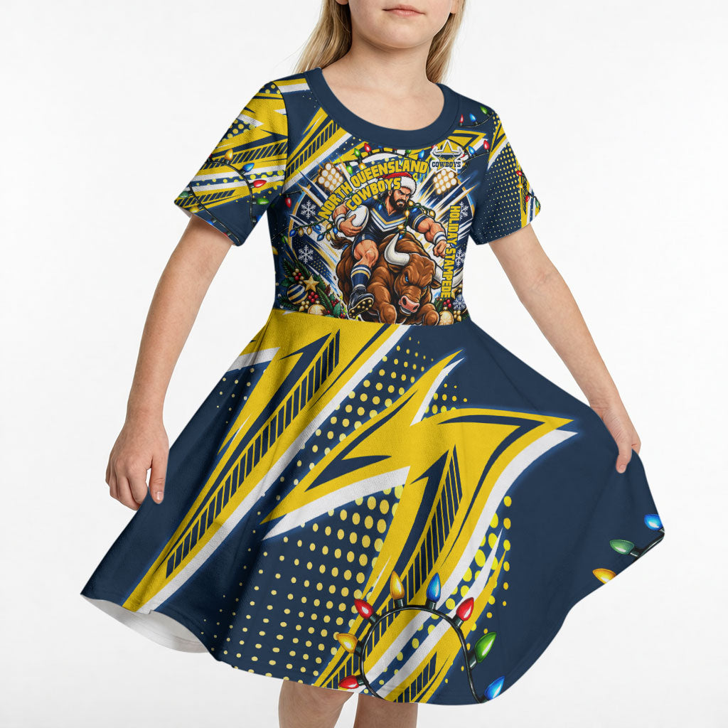 Personalized North Queensland Cowboys Rugby Christmas Kid Short Sleeve Dress Holiday Mascot Graphic Art Festive Lights Bow