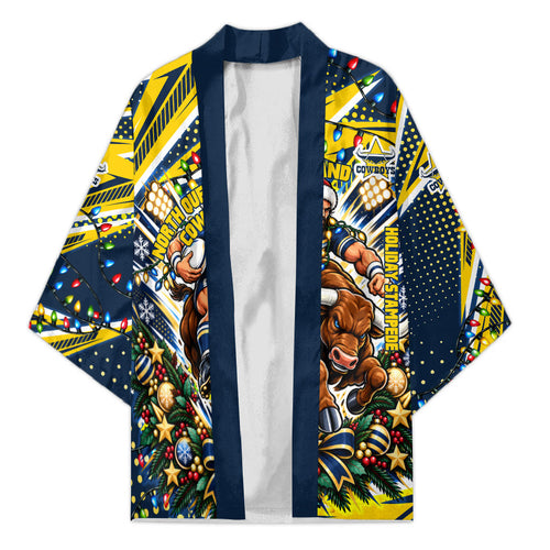 Personalized North Queensland Cowboys Rugby Christmas Kimono Holiday Mascot Graphic Art Festive Lights Bow