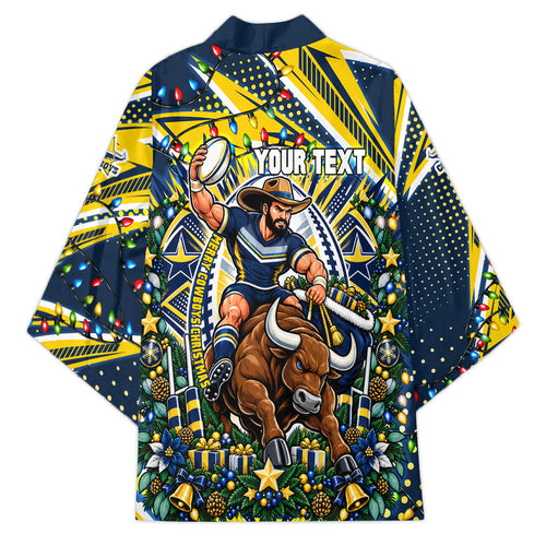 Personalized North Queensland Cowboys Rugby Christmas Kimono Holiday Mascot Graphic Art Festive Lights Bow