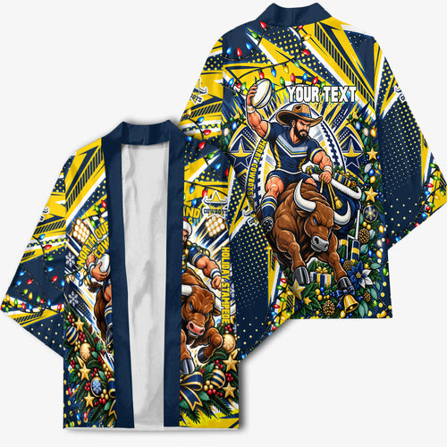Personalized North Queensland Cowboys Rugby Christmas Kimono Holiday Mascot Graphic Art Festive Lights Bow