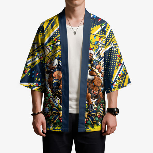 Personalized North Queensland Cowboys Rugby Christmas Kimono Holiday Mascot Graphic Art Festive Lights Bow