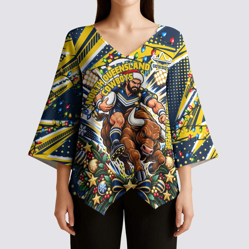 Personalized North Queensland Cowboys Rugby Christmas Kimono Sleeve Blouse Holiday Mascot Graphic Art Festive Lights Bow