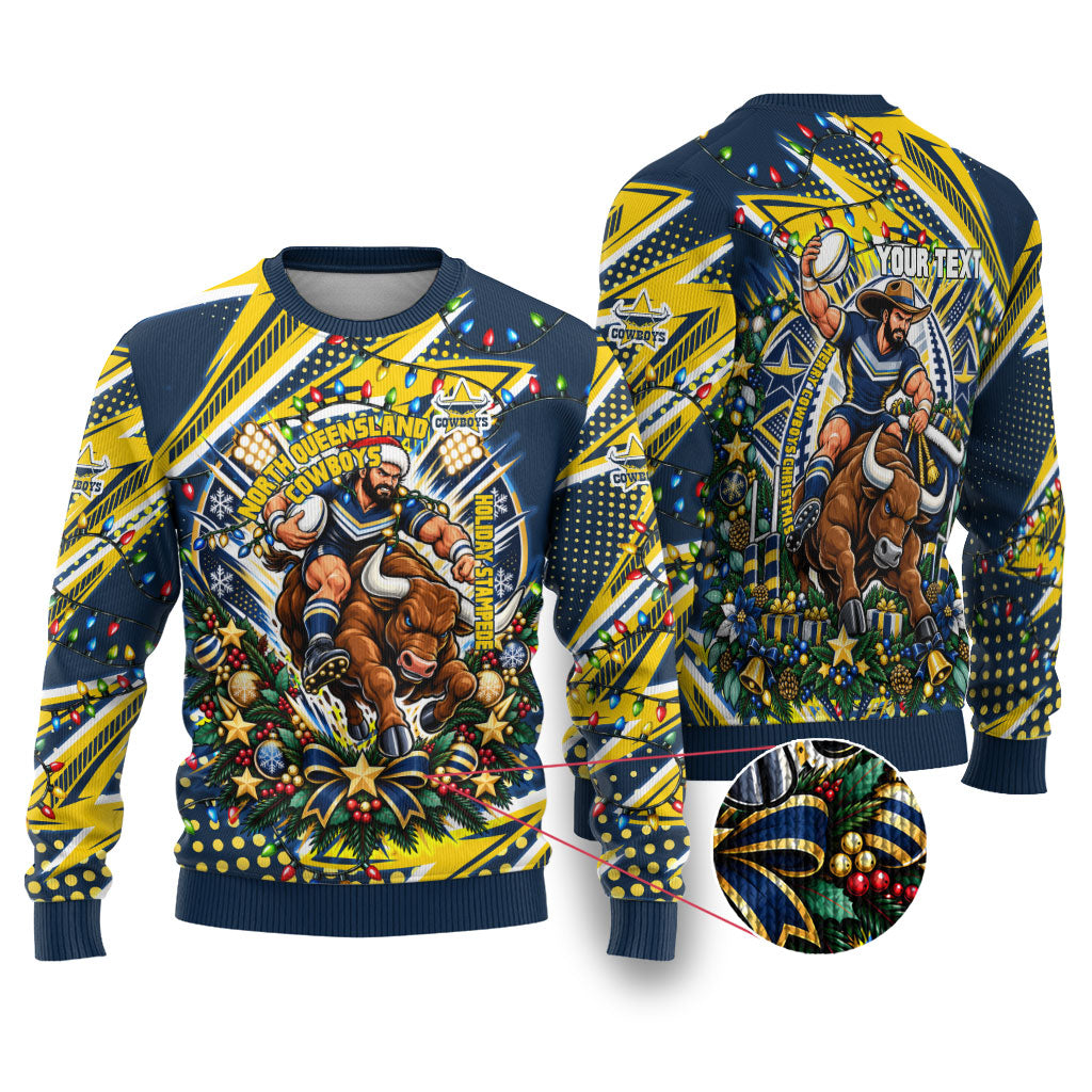 Personalized North Queensland Cowboys Rugby Christmas Ugly Christmas Sweater Holiday Mascot Graphic Art Festive Lights Bow