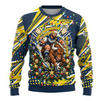 Personalized North Queensland Cowboys Rugby Christmas Ugly Christmas Sweater Holiday Mascot Graphic Art Festive Lights Bow