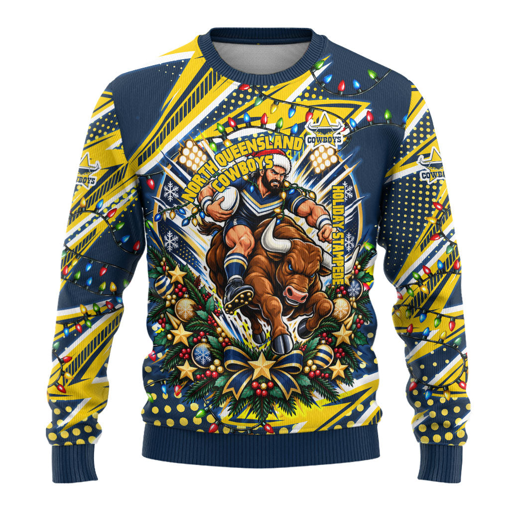 Personalized North Queensland Cowboys Rugby Christmas Ugly Christmas Sweater Holiday Mascot Graphic Art Festive Lights Bow