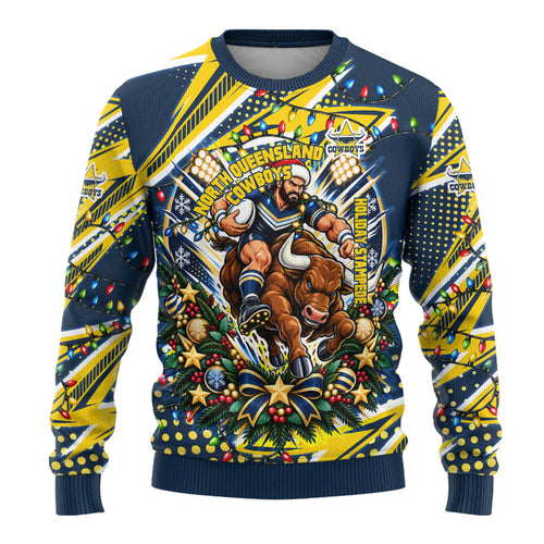 Personalized North Queensland Cowboys Rugby Christmas Ugly Christmas Sweater Holiday Mascot Graphic Art Festive Lights Bow