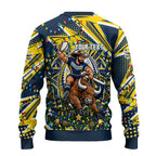 Personalized North Queensland Cowboys Rugby Christmas Ugly Christmas Sweater Holiday Mascot Graphic Art Festive Lights Bow