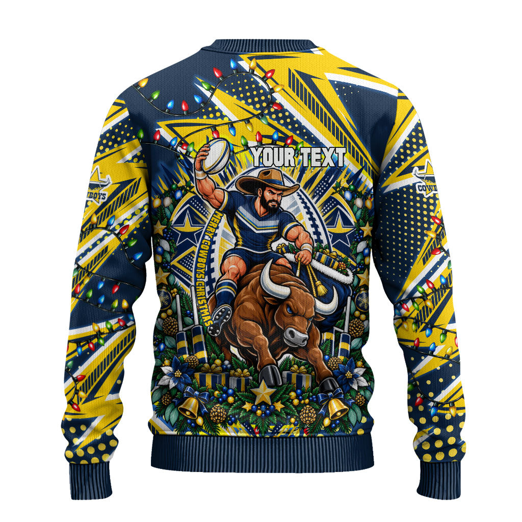 Personalized North Queensland Cowboys Rugby Christmas Ugly Christmas Sweater Holiday Mascot Graphic Art Festive Lights Bow