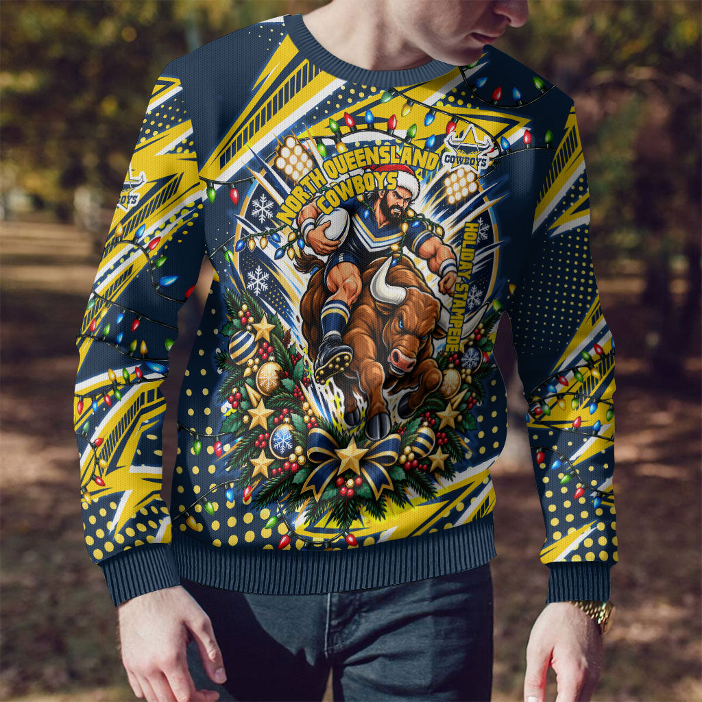 Personalized North Queensland Cowboys Rugby Christmas Ugly Christmas Sweater Holiday Mascot Graphic Art Festive Lights Bow