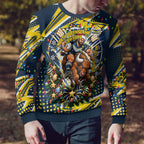 Personalized North Queensland Cowboys Rugby Christmas Ugly Christmas Sweater Holiday Mascot Graphic Art Festive Lights Bow