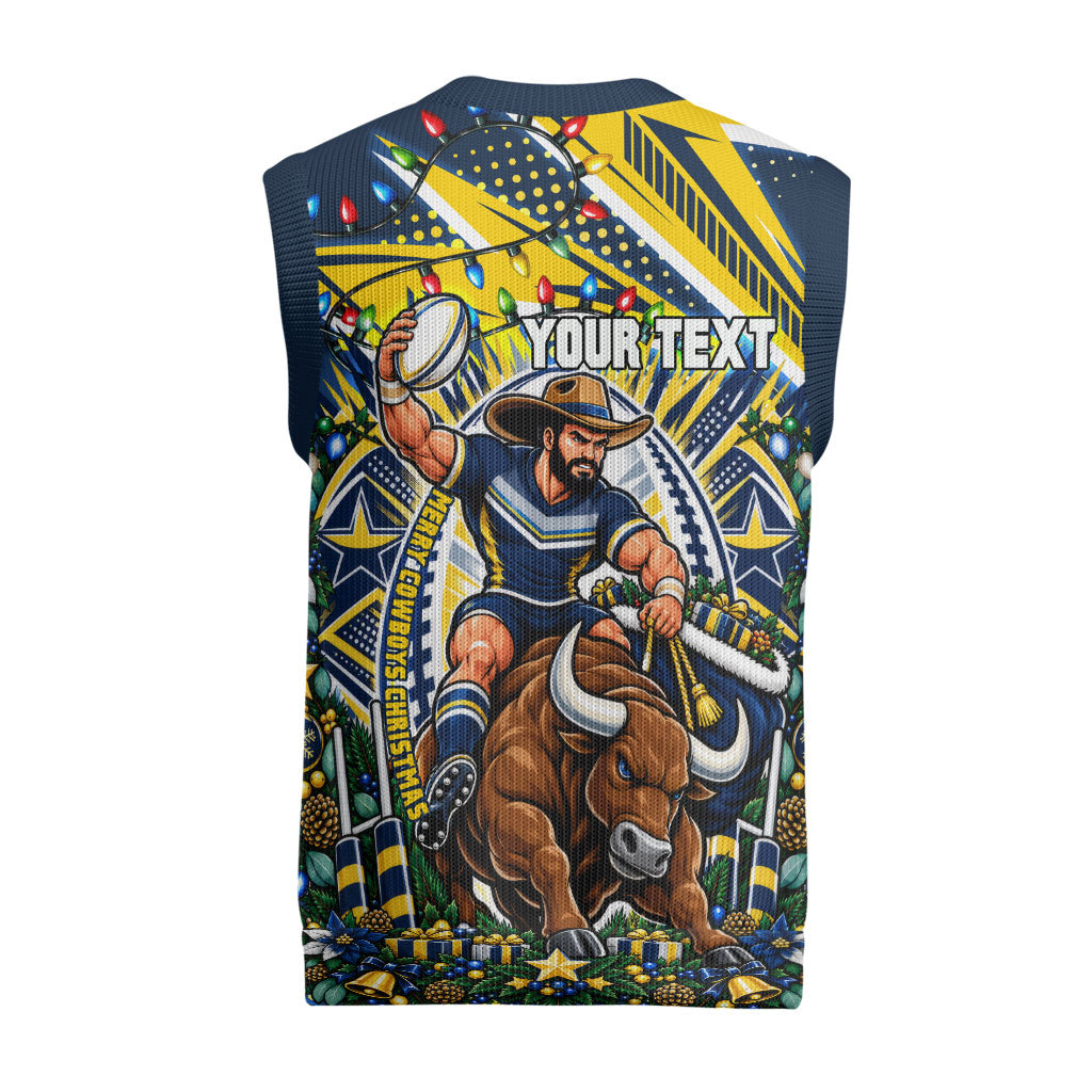 Personalized North Queensland Cowboys Rugby Christmas Knitted V-Neck Vest Holiday Mascot Graphic Art Festive Lights Bow