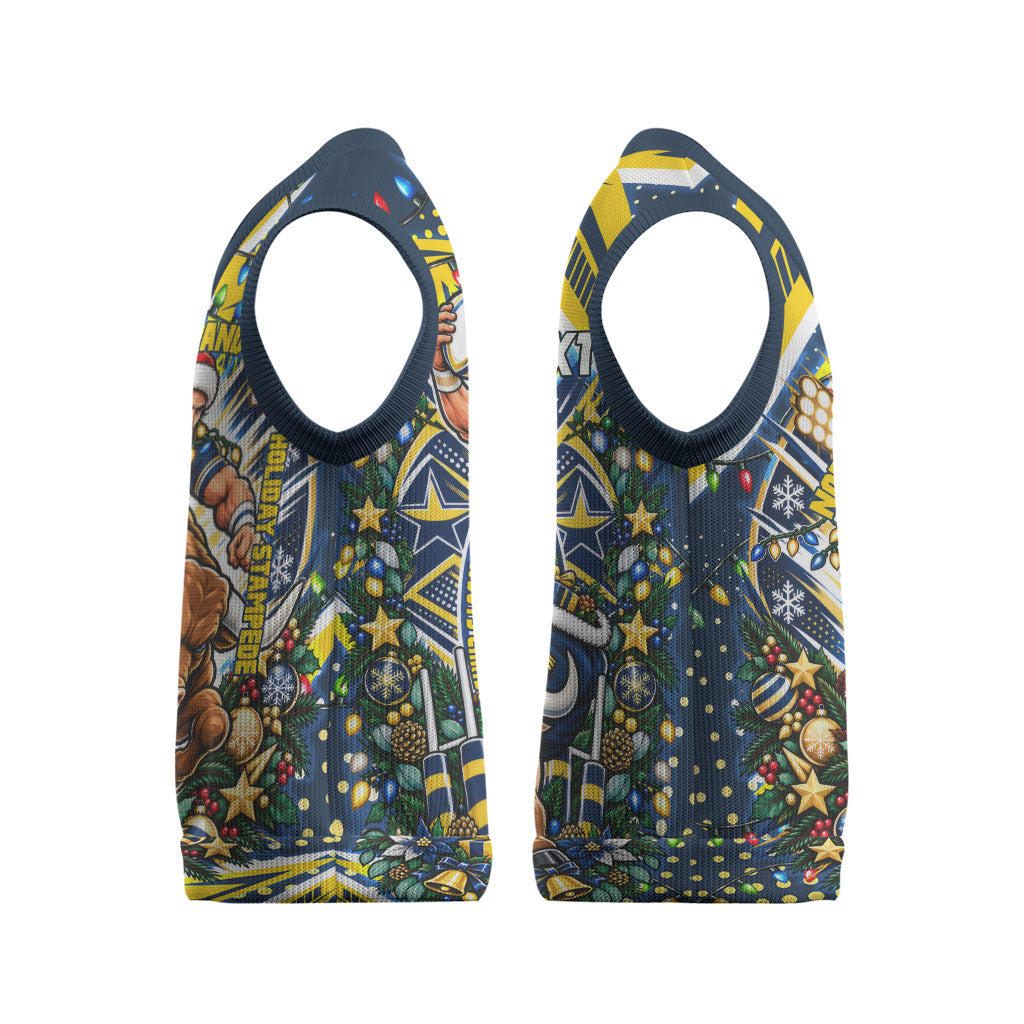 Personalized North Queensland Cowboys Rugby Christmas Knitted V-Neck Vest Holiday Mascot Graphic Art Festive Lights Bow