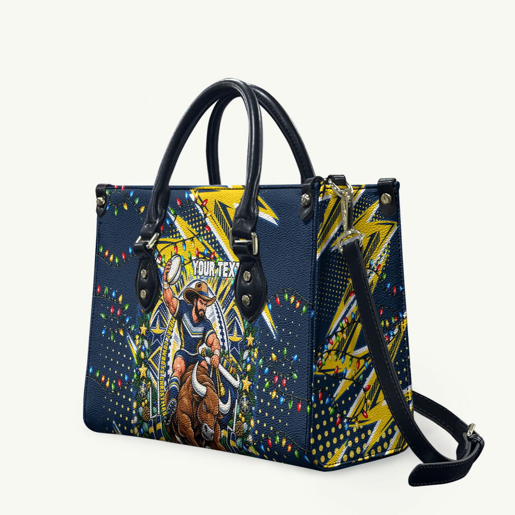 Personalized North Queensland Cowboys Rugby Christmas Leather Bag Holiday Mascot Graphic Art Festive Lights Bow