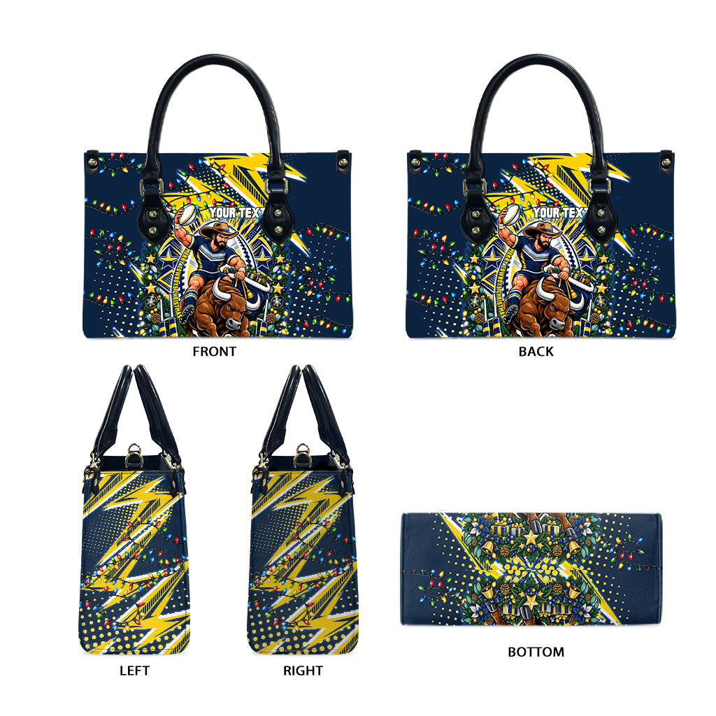 Personalized North Queensland Cowboys Rugby Christmas Leather Bag Holiday Mascot Graphic Art Festive Lights Bow