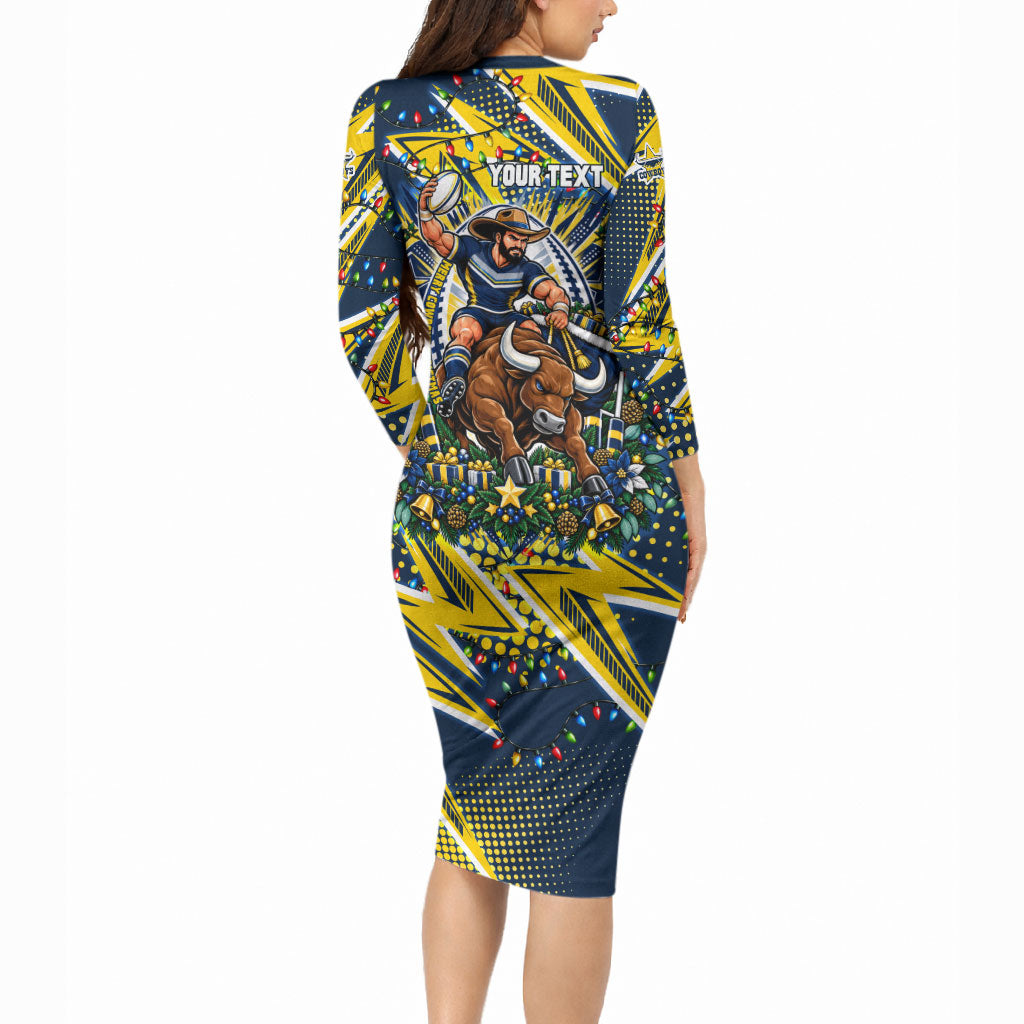 Personalized North Queensland Cowboys Rugby Christmas Long Sleeve Bodycon Dress Holiday Mascot Graphic Art Festive Lights Bow
