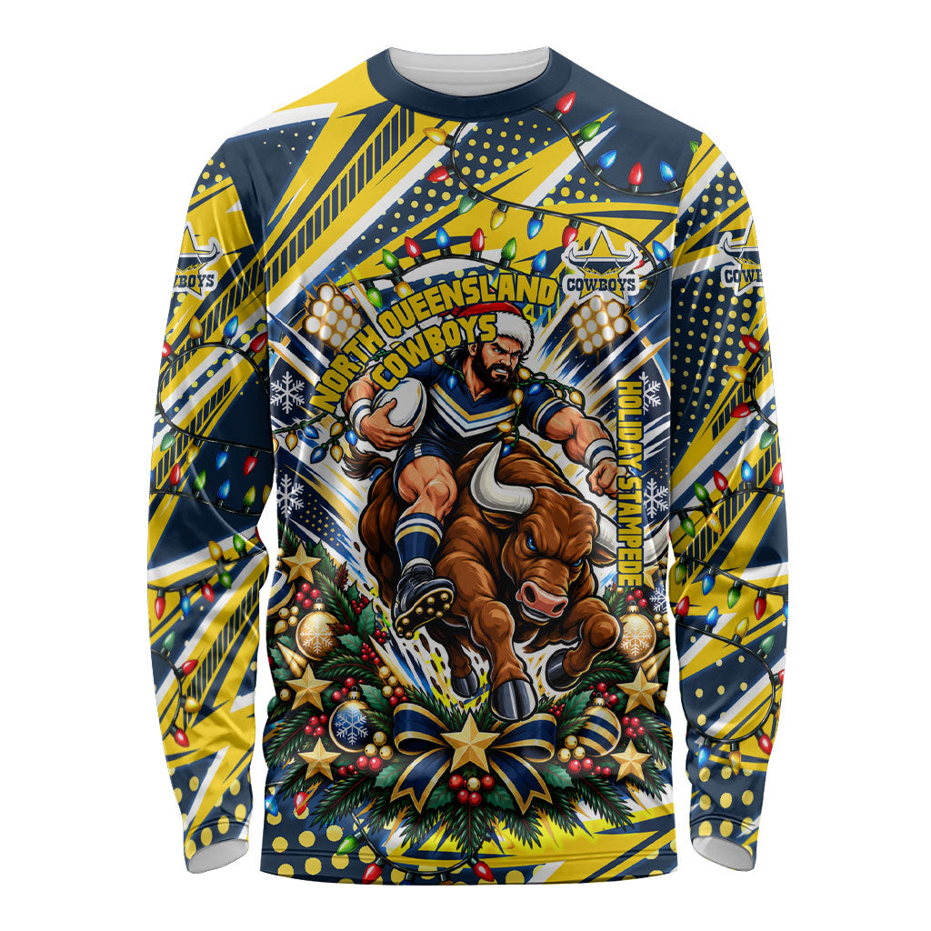 Personalized North Queensland Cowboys Rugby Christmas Long Sleeve Shirt Holiday Mascot Graphic Art Festive Lights Bow