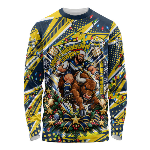 Personalized North Queensland Cowboys Rugby Christmas Long Sleeve Shirt Holiday Mascot Graphic Art Festive Lights Bow