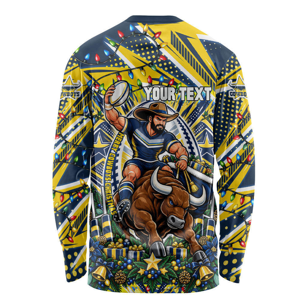 Personalized North Queensland Cowboys Rugby Christmas Long Sleeve Shirt Holiday Mascot Graphic Art Festive Lights Bow