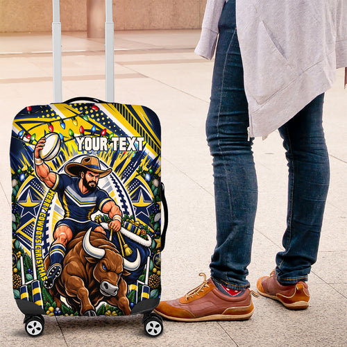 Personalized North Queensland Cowboys Rugby Christmas Luggage Cover Holiday Mascot Graphic Art Festive Lights Bow