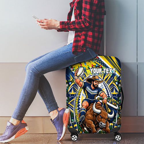 Personalized North Queensland Cowboys Rugby Christmas Luggage Cover Holiday Mascot Graphic Art Festive Lights Bow